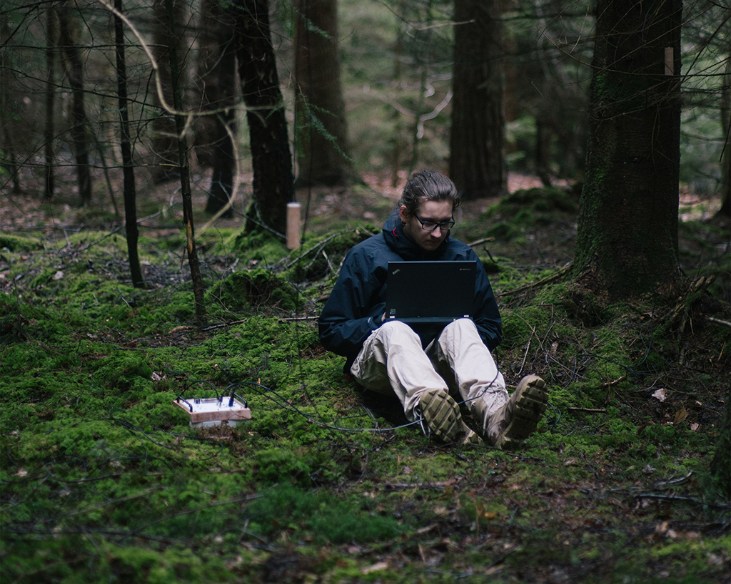 A man is sitting on the green forest floor, working on the computer in his lap. Next to him a box connected to hanging microphones sits on the ground.